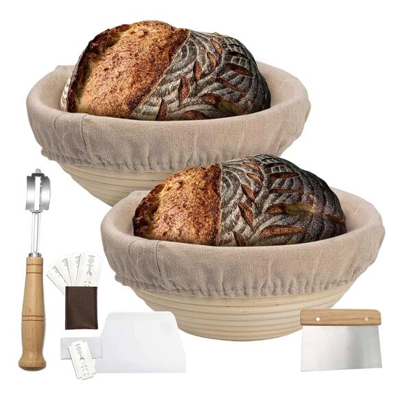 2 Pack 9 Inch Round Bread Proofing Baskets Metal & Plastic Scraper Banneton s29 - Picture 1 of 8